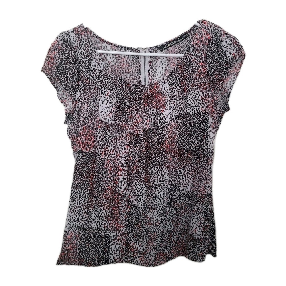 Cache Cache Cap Sleeve Blouse Womens 1 Black White Red Abstract Dot Zip Back